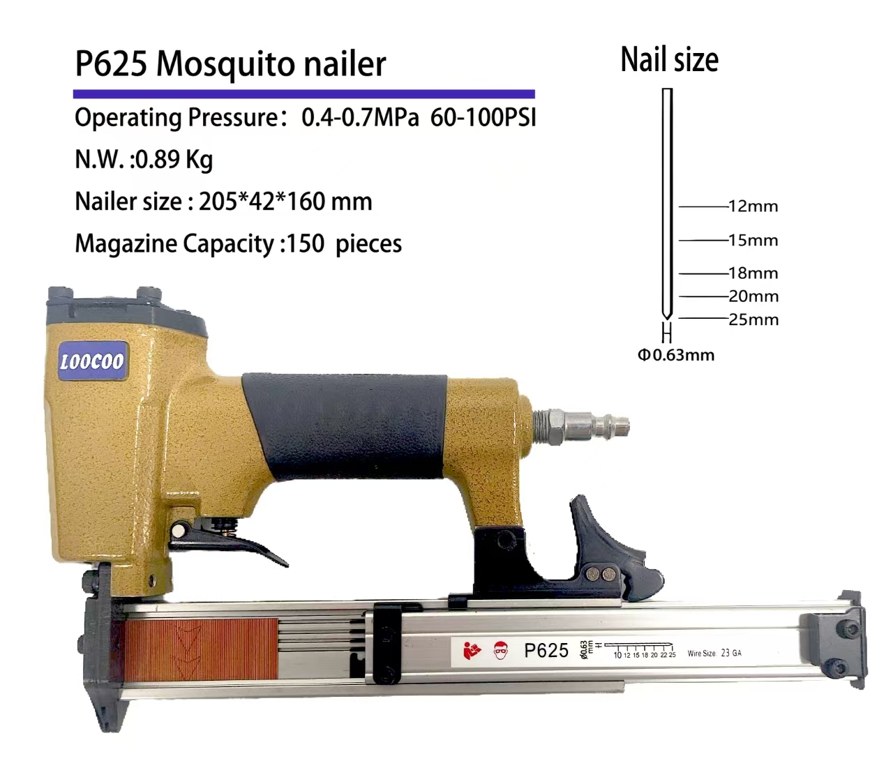 Woodworking Nail Gun - P625 23Ga 공압식 에어 핀 네일러,